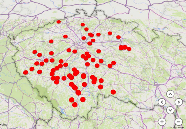 Mapa 2: Pozorovací stanoviště MSDfyto - Čechy 2021