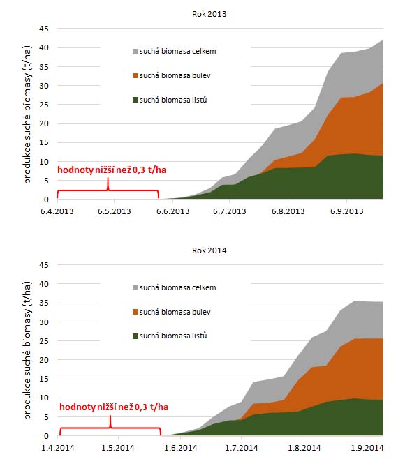 Graf 2: Dynamika produkce suché nadzemní biomasy porostů cukrové řepy (t/ha, listy, bulvy a celkem) na lokalitě Budihostice v letech 2013 a 2014 