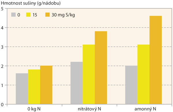 Graf 3: Vliv formy dusíku a množství síry v půdě (mg/kg) na hmotnost sušiny nadzemní biomasy v nádobových pokusech