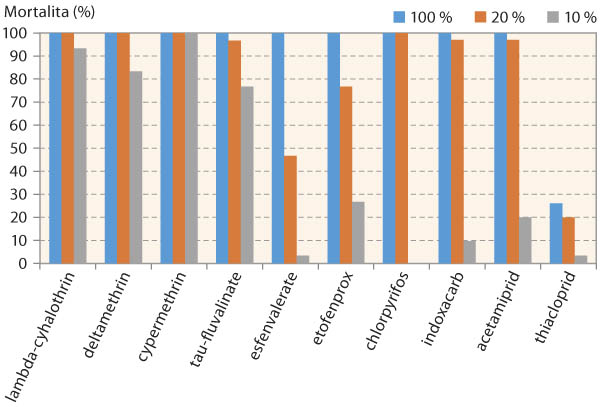Graf 1: Mortalita dřepčíka olejkového po aplikaci 10 účinných látek insekticidů v lahvičkovém testu (metody IRAC č. 11, 21, 25 a 27) při koncentracích odpovídajících 100, 20 a 10 % polní dávky podle registrace - Potěhy, 2015