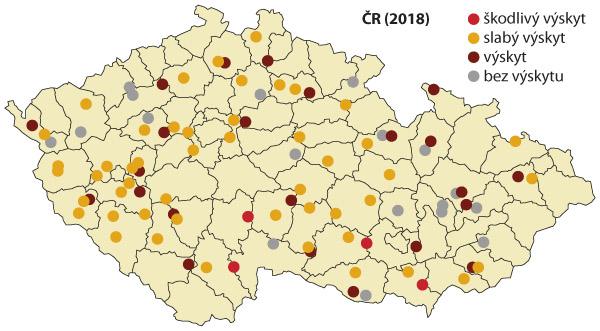Mapa: Intenzita výskytu zavíječe kukuřičného v okresech ČR v roce 2018