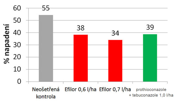 Graf 4: Účinnost přípravků Efilor® na porostech řepky infikovaných fomovou hnilobou, porovnání s přípravky na bázi prothioconazole+tebuconazole (Oseva Pro Opava, VÚO, 2014)