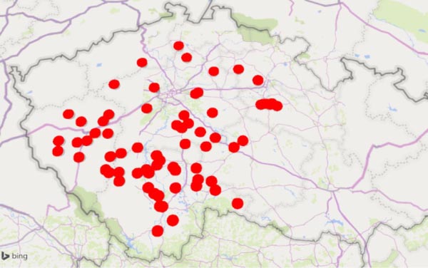 Mapa 1: Pozorovací stanoviště v rámci projektu MSDfyto v roce 2020, Čechy