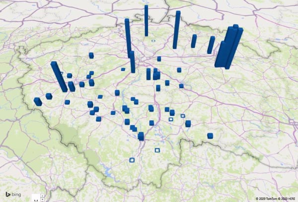 Mapa 3: Napadení řepky hlízenkou obecnou k 15. 7. 2020, Čechy