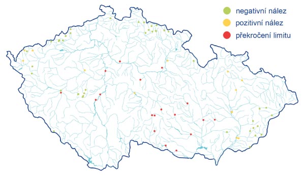 Mapa 2: Nálezy v surových povrchových vodách