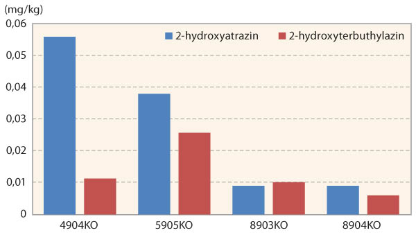 Graf 3: Obsahy 2-hydroxyatrazinu a 2-hydroxyterbuthylazinu pod travními porosty (průměrný obsah)