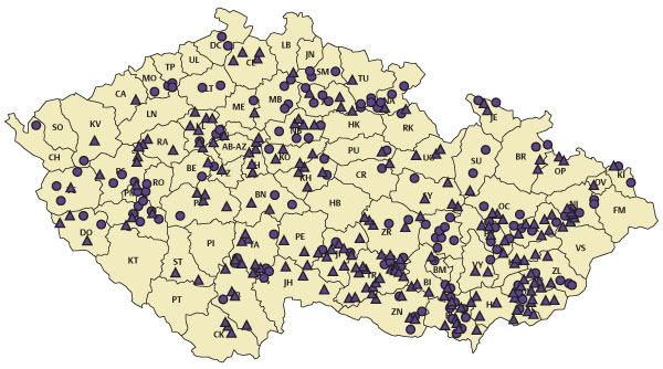 Mapa 2: Lokality, dle monitoringu ÚKZÚZ, s dosažením či překročením 5násobku prahu škodlivosti v období leden–únor 2020