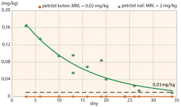 Graf 2: Model degradace deltamethrinu v kořeni a nati petržele (mg/kg = množství účinné látky pesticidu ve vzorku salátu/jablek, dny = počet dnů od aplikace pesticidu v polních podmínkách, přerušovaná čára = limit obsahu rezidua v produktu pro dětskou výživu 0,01 mg/kg)