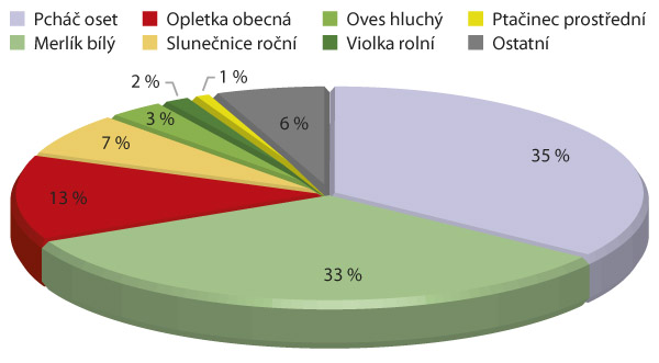 Graf 1: Druhové spektrum plevelů ve fázi odnožování jarního ječmene a před herbicidním ošetřením