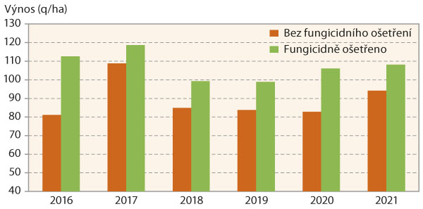 Graf 3: Graf 3: Průměrné výnosy v odrůdových pokusech 2016–2021 (Ditana Velká Bystřice)