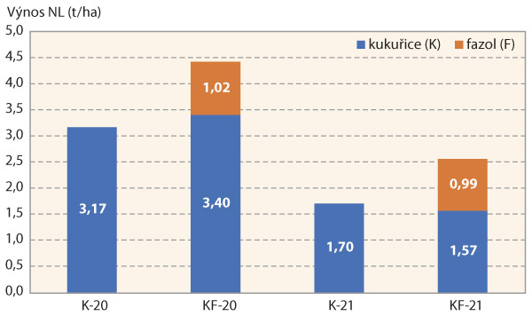  Graf 2: Výnos dusíkatých látek ze sušiny biomasy kukuřice pěstované v letech 2020 (K-20) a 2021 (K-21) a v systému smíšené kultury kukuřice a fazolu v letech 2020 (KF-20) a 2021 (KF-21) - 5 opakování