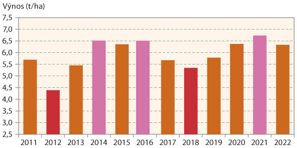 Graf 1: Průměrné výnosy ozimé pšenice v ČR v letech 2011–2022 (zdroj: ČSÚ)