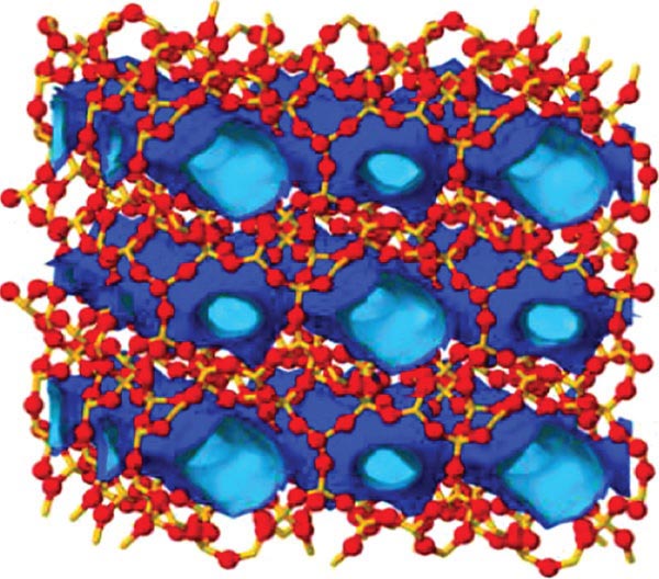 Obr. 3: Zeolit klinoptilolit, základní struktura iontů (Si/Al a O) vyznačena červeno-žlutě a vnitřní (modrý) prostor kanálů (International Zeolite Association/Structure)