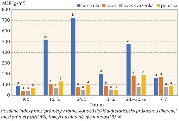 Graf 1: Hodnoty kapkové eroze v meziřadí chmelnic v závislosti na použití meziplodiny vyjádřené jako hodnota deštěm uvolněné půdy MSR na lokalitě Kozojedy