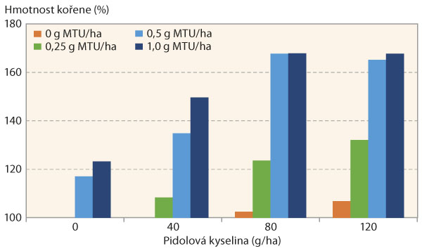 Graf 3: Vliv MTU, pidolové kyseliny a jejich kombinace na růst kořene pšenice za sucha