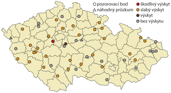 Mapa: Škodlivost zavíječe na pozorovacích bodech v rámci celé ČR v roce 2022