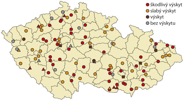 Mapa 3: Výskyt mšice broskvoňové v období 15. 8.–2. 12. 2022