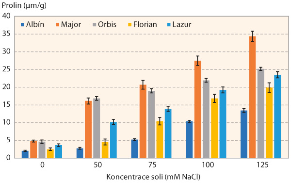 Graf 3: Obsah prolinu u jednotlivých odrůd máku při různé koncentraci soli