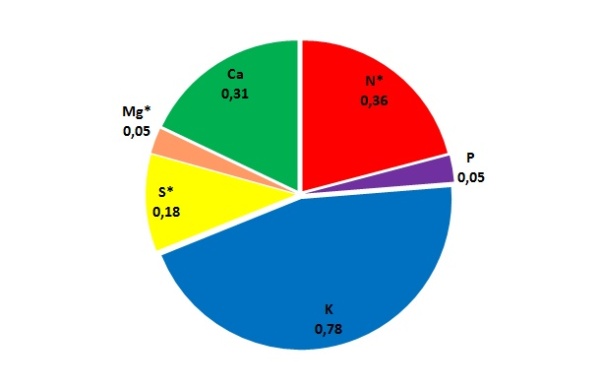Graf 2: Průměrný obsah jednotlivých živin ve slámě ozimé pšenice (%) - * zastoupení živin ve slámě je ovlivněno obsahem živin na stanovišti